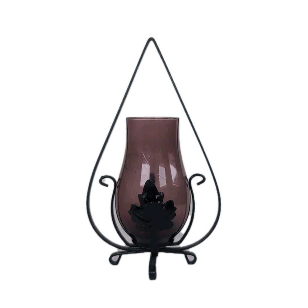 Black Metal Hanging Candle Holder W/Purple Glass Hurricane Footed Vintage Boho